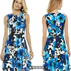 AB Studio Blue Floral Fit-and-Flare Dress Hibiscus Hawaiian Floral